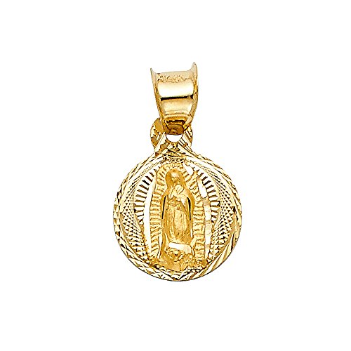 Ioka 14K Yellow Gold Diamond Cut Our Lady of Guadalupe Stamp Charm Pendant with 1.2mm Flat Open Wheat Chain Necklace2