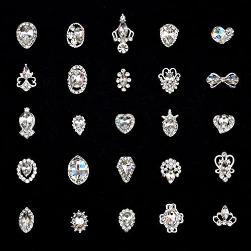 50pcs Sparkle Crystal Ab Nail Stone Silver Charms Rhinestone Decoration Jewelry Multi Designs Assortment for Nails Art Décor