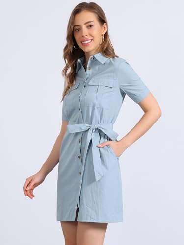Image of Allegra K Women's Safari Dress Collared Short Sleeve Cotton Belted Button Down Shirt Dresses