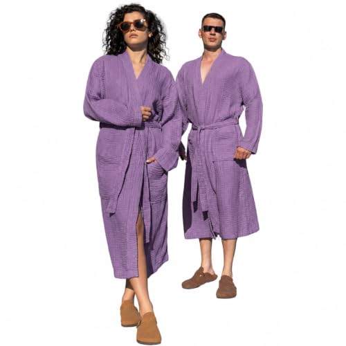 Image of Muslin Unisex Bathrobe Women & Men, 100% Cotton Kimono Lightweight Robe | Long Robes Soft, Absorbent, Spa robes