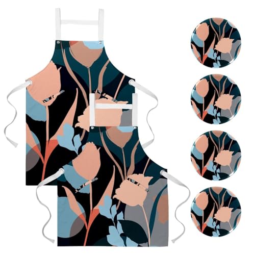 Tablier de cuisine lot de 2 tabliers de serveuse bistrot bar avec poches motif feuilles