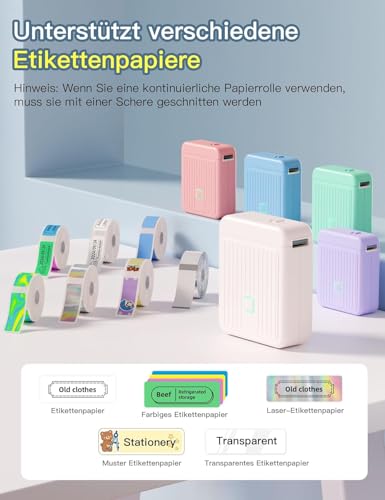 Image of Label Printer with Waterproof Self-Adhesive Labels (12 x 40 mm), Bluetooth Labeling Device, Portable Label Printer, 2000 mAh, Compatible with iOS & Android, for Home, School, and Office (White)