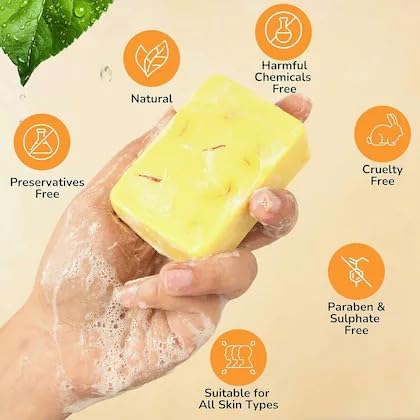 Image of Hand Made Real Kesar Bath soap for Unisex, Best for All types of skin, Saffron soap for fairness and skin whitening combo offer (buy 4 get 1 free)) 75g