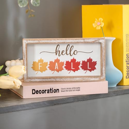 Image of Embossed Hello Fall Sign, Farmhouse Fall Decorations for Home, Modern Autumn Home Decor Indoor, Wooden Thanksgiving Tiered Tray Decor for Table Shelf Cubicle Desk Mantel