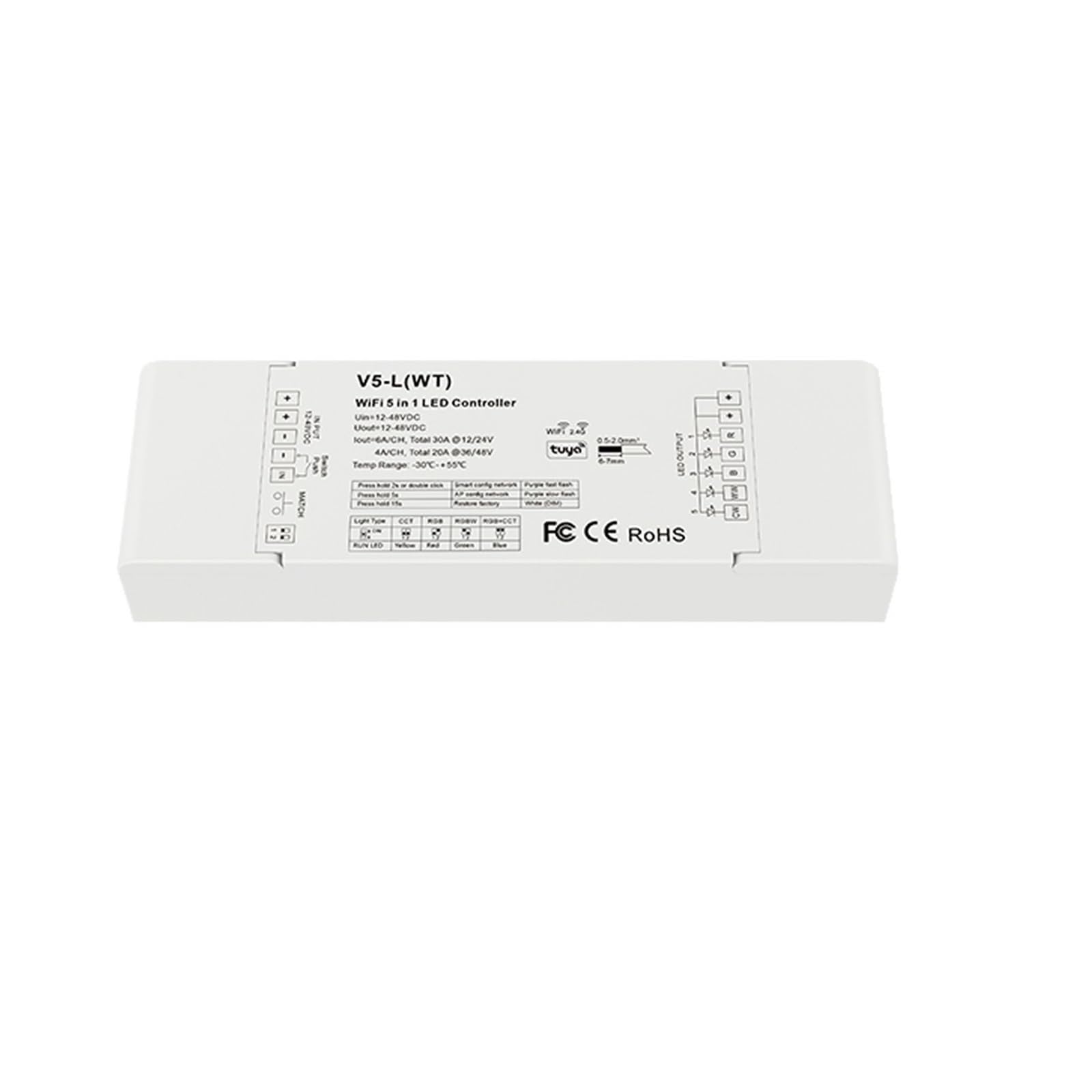 Contrôleur LED 5 en 1 avec gradation fluide pour rubans RGBCW et RGBW