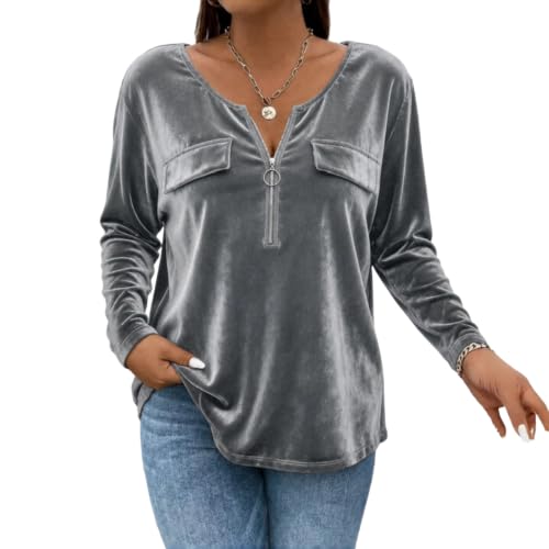 Going Out Tops Womens Velvet Half Zip Crew Neck Long Sleeve Shirts Gray