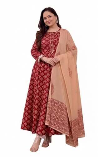 Image of KLOSIA Women Red Printed Anarkali Kurta and Pant with Dupatta Set