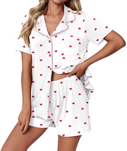Image of Ekouaer Pajamas Set for Women 2 Piece Pjs Short Sleeve Sleepwear Button Down Lounge Shorts Sets S-XXL