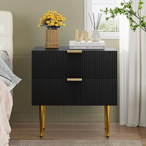 Algherohein Black Nightstand for Bedroom, Fluted Night Stand, End Table for Living Room, Mid Century Modern Bedside Table with Drawers, Bed Side Table with Gold Metal Legs, Bedroom Furniture Stripe Cover