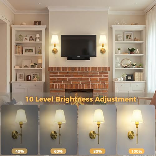 Image of DORESshop Battery Operated Wall Sconce Set of 2, Wall Light Wireless Easy to Install, Dimmable and Adjustable Sconces Wall Decor, Rechargeable Wall Lamp for Bedroom, Living Room, Gold 18.7in