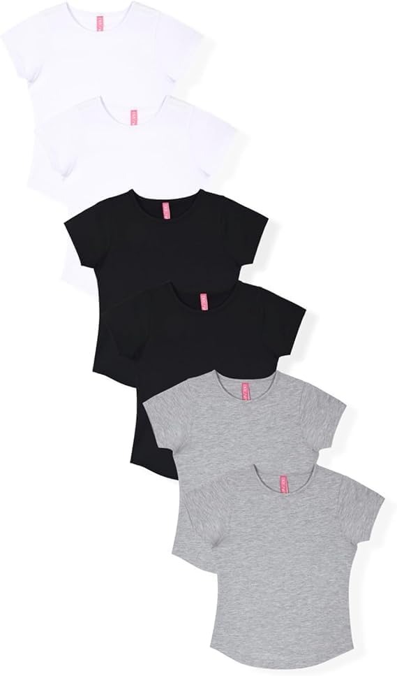 Girls 6 Pack Basic Tshirt Soft Breathable Cotton Tees for Everyday Wear Classic Crew Neck Short Sleeve Tees