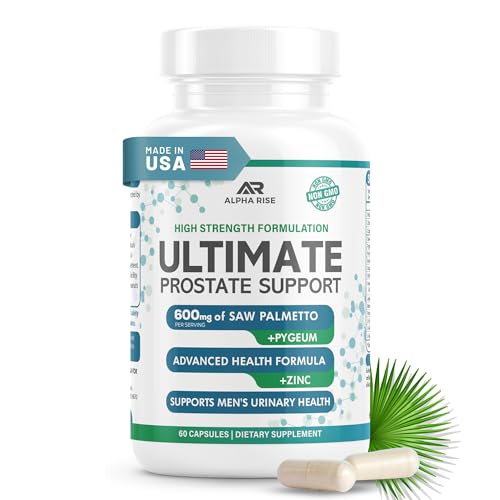 ALPHA RISE Prostate Health Supplement for Men – Shrink Prostate with Saw Palmetto 600mg, Pygeum 300mg, 16 Herbs + Zinc, 60 Capsules