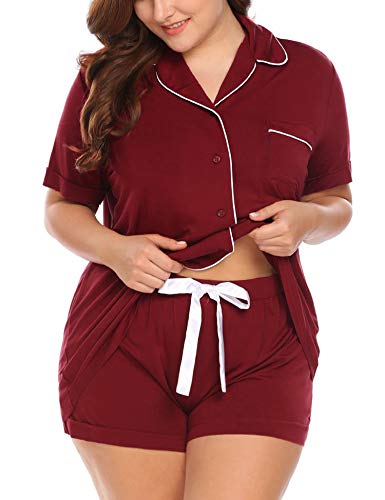 IN'VOLAND Women's Plus Size Pajama Set Short Sleeve Sleepwear Button Down Nightwear Shorts Soft Pj Sets Wine Red