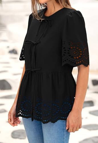 PRETTYGARDEN Tie Front Peplum Tops for Women Summer Y2K Short Sleeve Babydoll Cute Going Out Top Eyelet Blouse Shirt4