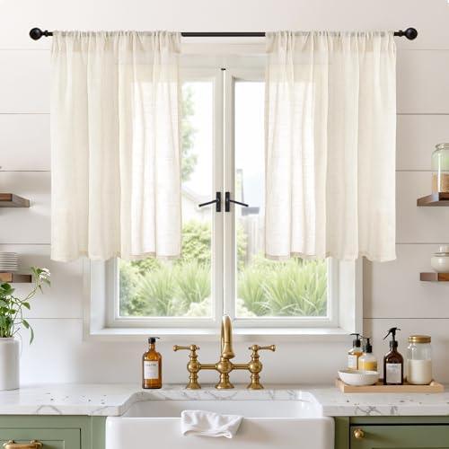 Image of BGment Short Linen Curtains 36 Inch Length for Kitchen Window - Semi Sheer Beige Small Drapes Textured Rustic Natural Rod Pocket for Cafe Lightweight Decorative, 2 Panels, Each Panel 42 Inch Wide
