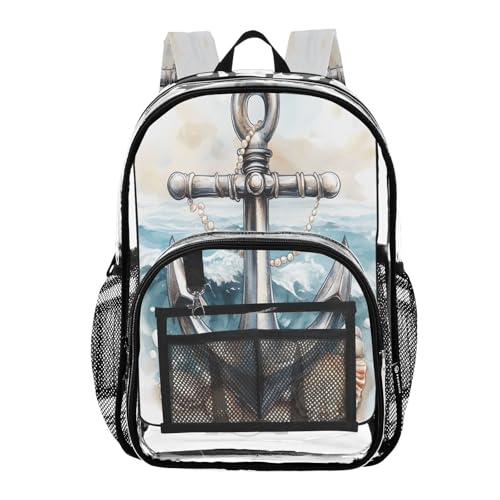 Anchor Seashell Watercolor Clear Backpack Heavy Duty See Through Transparent PVC BookBag for Kids Boy Girl School Work