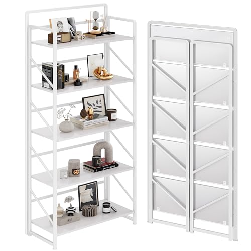 Image of JSB No Assembly Folding Bookshelf, 5 Tier Industrial Metal Book Shelf for Storage, Vintage Wood Foldable Bookcase for Living Room, Bedroom, Office Organization Shelves