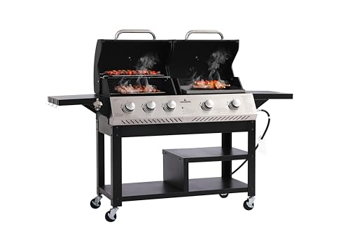 QUYZE Propane Gas Grill and flat Grill Combo with Porcelain-Enameled Cast Iron Grate