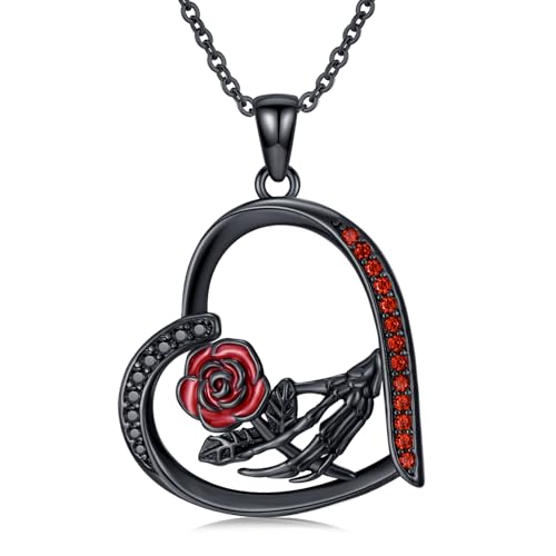 Skeleton Hand Red Rose Necklace 925 Sterling Silver Heart Halloween Pendant Necklace Gothic Jewelry