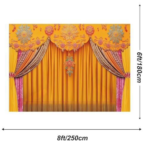 Image of Indian Backdrop 8x6ft India Pooja Marigold Yellow Curtain Photography Background for Wedding Diwali Traditional Festival Party Decorations