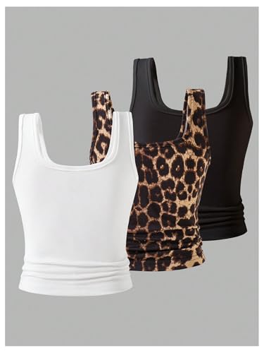 Girl's 3 Packs Cheetah Print Sleeveless Tops Summer Square Neck Fitted Tank Top2