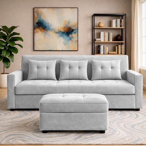 Image of Emilio 3 Seater with Ottomon Pull-Out Sofa Cum Bed (Grey Color) Premium Fabric Sofa Set for Living Room | Bedroom