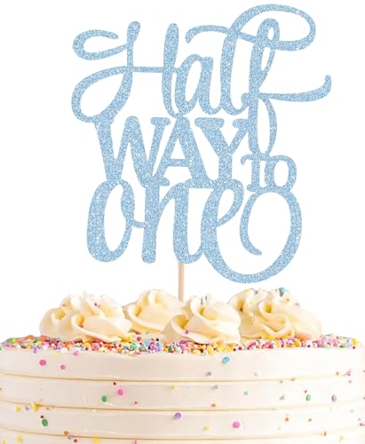 AHAORAY Half Way To One Cake Topper - Light Blue Glitter 6 Months Birthday Decorations Supplies - Half Birthday Decorations Baby Girl, for Baby Shower/Gender Reveal Party Photo Booth Props