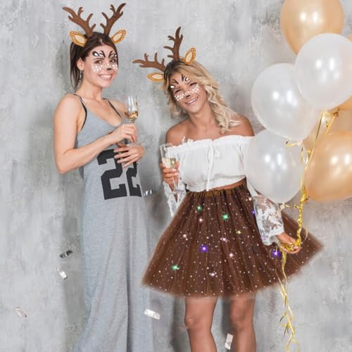 Rentier Kostüm Damen Cosplay Kostüm Set für Halloween Karneval Rentier Haarband LED Tüllrock Tattoo Aufkleber Gesicht Aufkleber Braun Tüllrock für Damen Tier Kostüm Erwachsene