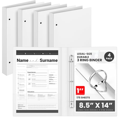 Henoyso 4 Pcs Legal Size Binder 3 Ring 1 Durable White Binders for 8.5 x 14 Paper Hold up to 175 Sheets for Documents Artwork Blueprints Office Home Work Places