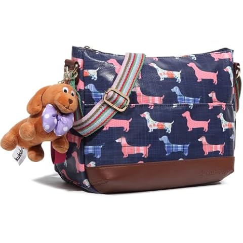 kukubird Dachshund Sausage Print Satchel Crossbody Bag with long strap With Dachshund Key Chain (Navy) Cover