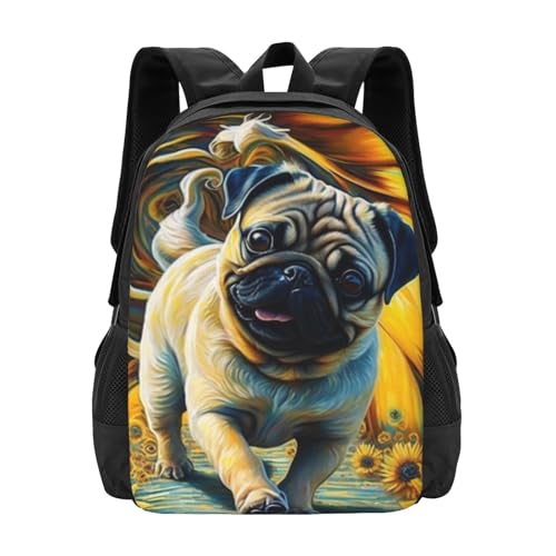 Large Capacity Painting of Pug with Yellow Sunflower Backpack Large Multipurpose Bag Double Zipper Backpack Unisex 17 Inch