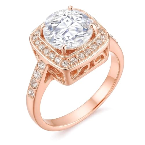 FAIRY COUPLE 9mm Halo Engagement Ring for Women, Rose Gold Plated CZ Promise Wedding Ring with Gift Box R30