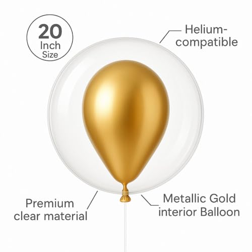 Image of Wanna Party Pack of 5 Bobo Balloons 20 Inch Helium Style Transparent Bubble Clear with 5 Gold Metallic , Gifts for Christmas,Wedding,Birthday, Anniversary Party Decorations