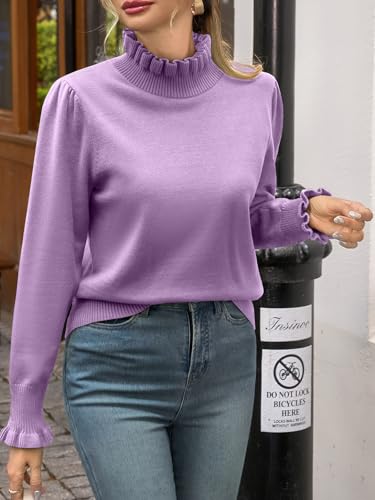 Image of Womens Ruffle Mock Neck Sweater Puff Long Sleeve Fall Trendy Pullover Tops | Fall Winter Clothes, Soft, Business Casual Outfits, Trendy Fashion, Knitted Shirts