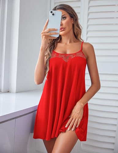 Image of Ekouaer Sexy Night Gowns Lace Nightgowns for Women Sleeveless Sleepwear Babydoll Nighty Plus Size Night Dress