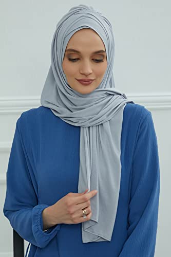 Aisha's Design Instant Hijab for Women Muslim, Presewn 95% Cotton Jersey Turban, Ready to Wear Scarf, Light Grey3
