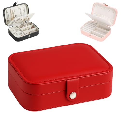 Porta Joias Organizadora Bijuterias Portátil para Viagem Caixa Maleta Estojo Organização Aneis Prata Ouro Acessórios Brincos com Botão Couro PU com Divisórias (Vermelho)