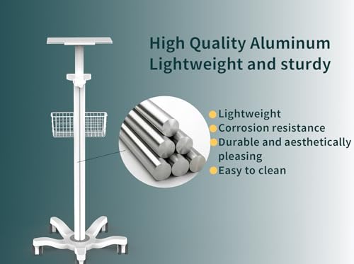 Image of Mount Plus X3 Height Adjustable Aluminium Rolling Stand for Patient Monitor Medical Trolley Cart with Basket and and Locking Casters for Dental Office, Hospital, Clinic