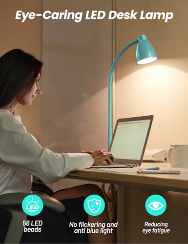 Image of BOHON LED Desk Lamp with USB Charging Port, 3 Color Modes Dimmable, Teal | Reading Lamp, Auto Dimming Task Lamp, Flexible Neck Table Light for Office Dorm Bedside, Adapter Include