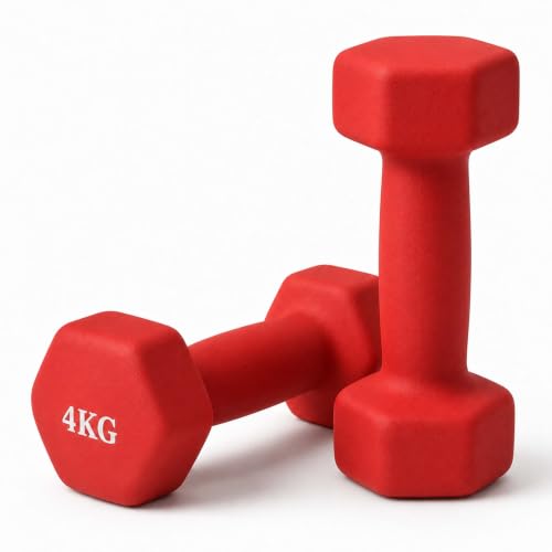 Relaxdays Hanteln 2er Set, Gusseisen, 4 kg, beschichtet, rutschfest, Fitnesshanteln Paar, Home Workout, Kurzhantel, rot