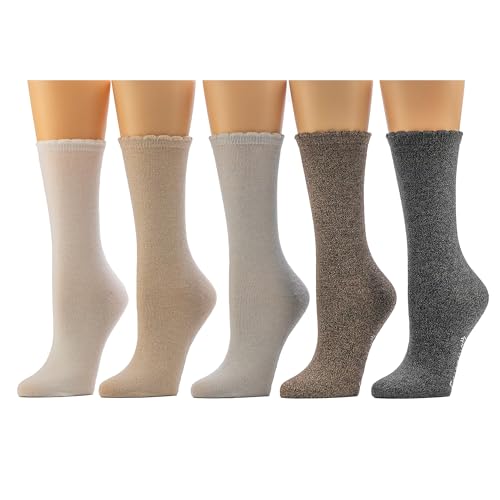 BEARPAW Womens Super Soft Multicolor Solid Crew Scallop Edge Socks 5 Pair Egret