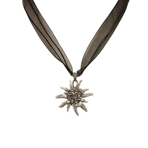 Bavarian organza necklace with rhinestone Edelweiss, Ladies costume jewelry, traditional german pendant necklace for Dirndl, Leather trouser, Oktoberfest (black)3