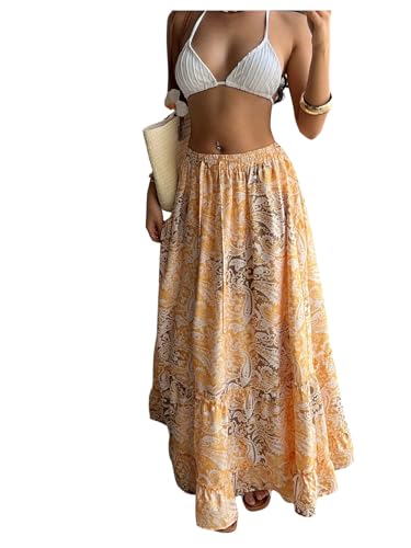 Milumia Women's Boho Paisley Tiered Layered Maxi Skirt Low Waist Flared Ruffle Hem Flowy Long Skirts