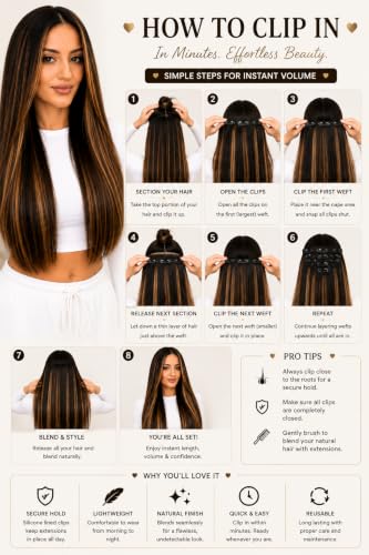 Image of Salon-Grade Clip-in Hair Extensions for Women, Imported Synthetic Hair, 6 PCS with 13 Secure Clips, Instant Volume, Natural Blend, Reusable Hair Volumizer (Brown with Golden Highlights, Straight)