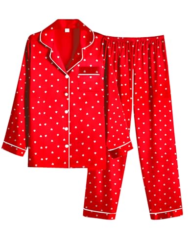 Image of Ekouaer Women Satin Pajamas Set Classic Button Down Long Pjs Set