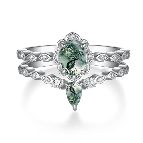 Moss Agate Engagement Ring Set - 925 Sterling Silver Wedding Promise Ring - Jewelry Gifts for Women Wife Valentine's Day Christmas
