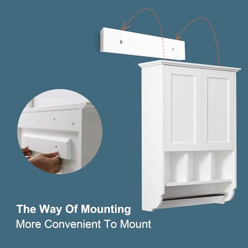 White-Bathroom-Wall-Cabinet-with-Towel-BarWooden-Medicine-Cabinet-Adjustable-Shelves23x32-Inch-Kitchen-CabinetOver-Toilet-Storage-Cabinet-for-BathroomKitchenLaundry White Bathroom Wall Cabinet with Towel BarWooden Medicine Cabinet Adjustable Shelves23x32 Inch Kitchen CabinetOver Toilet Storage Cabinet for BathroomKitchenLaundry