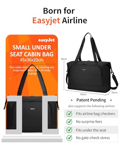 ECOHUB Faltbare Reisetasche Handgepäck, Untersitz Handgepäck Tasche für Flugzeug, Recyceltes PET Weekender Damen Mit Abnehmbar Nass-Tasche, 30L Easyjet handgepäck 45x36x20(Schwarz)