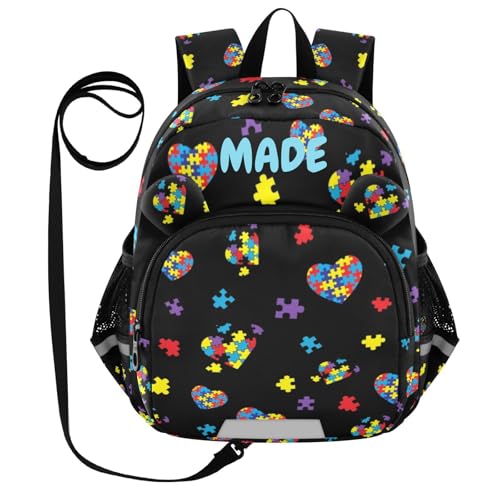 ZAZYXTJ Personalized Autism Awareness Colorful Puzzle Kids Backpack for Boys Girls Toddler School Bag with Chest Strap Ears Preschool Backpack 3-6 Years Old
