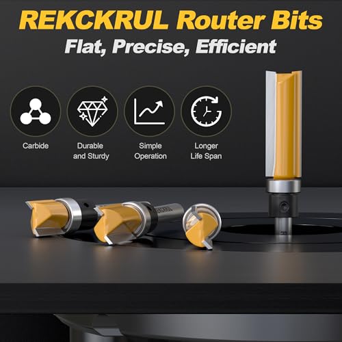 REKCKRUL 4Pcs Pattern Flush Trim Router Bits Set, 1/4 Inch Shank Top Bearing, Carbide Tipped Woodworking Router Bits for Precision Edge Trimming, Cutting Length: 1/2", 3/4", 1", 1-1/2"